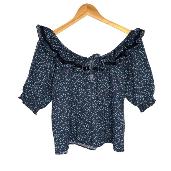 Something Navy Womans Floral Kira Top XS Blue Ruffle Short Sleeve Linen Cotton - Picture 4 of 9